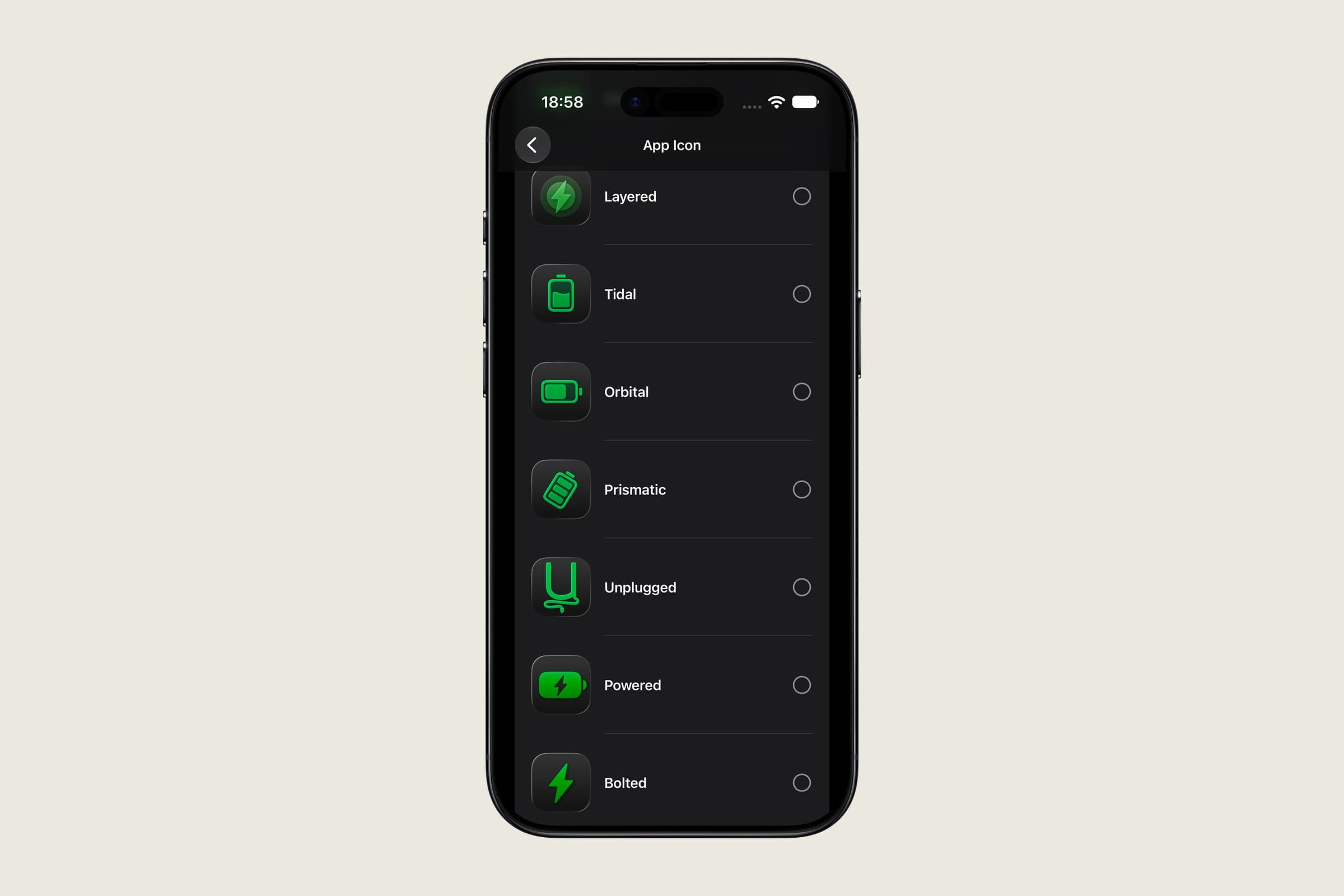 The app icon picker showing Layered, Tidal, Orbital, Prismatic, Unplugged, Powered and Bolted icons