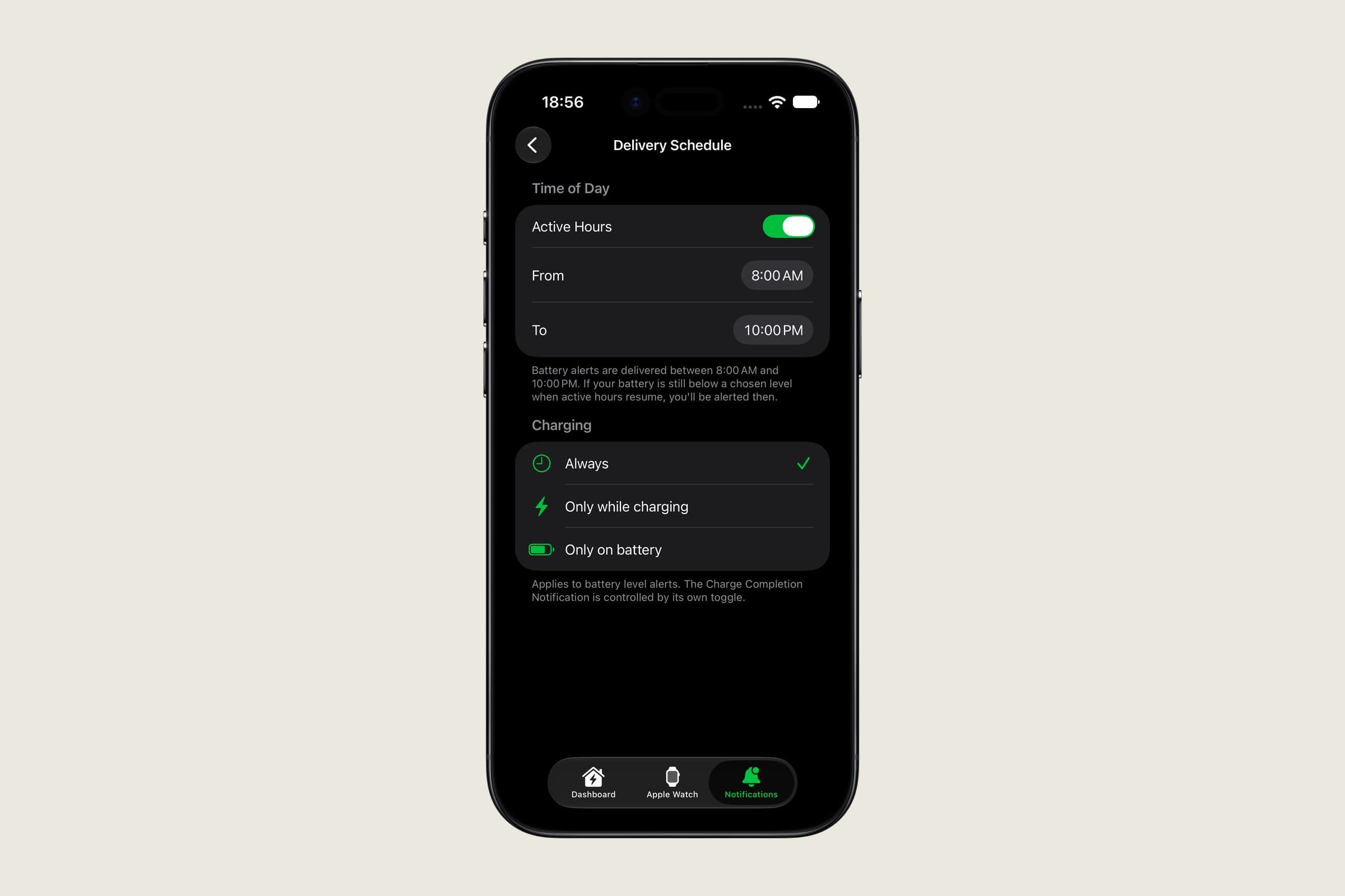 Delivery Schedule settings with active hours from 8 AM to 10 PM and options for always, only while charging, or only on battery